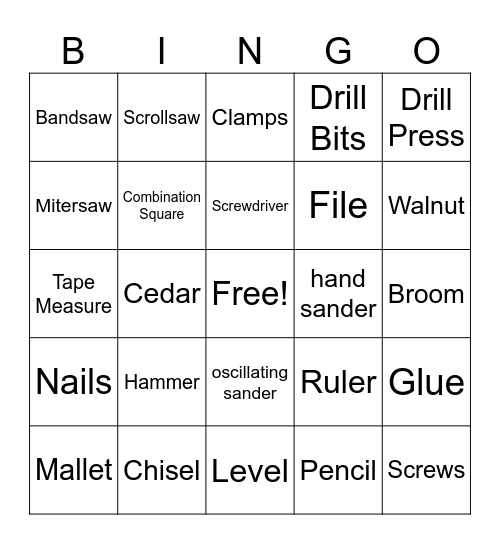 Wood working Tools Bingo Card