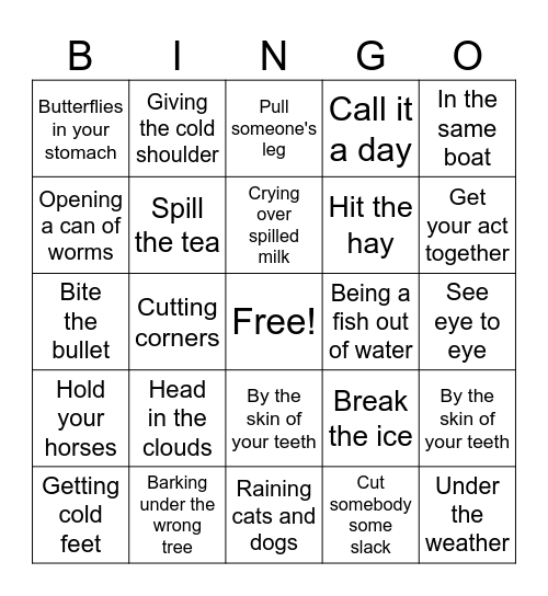 Idiom Bingo Card