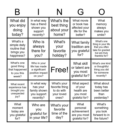 Gratitude Bingo Card