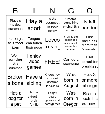 Get To Know Your Class Bingo Card