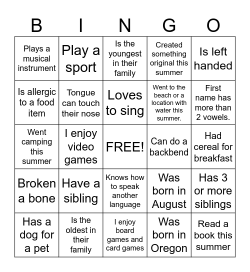 Get To Know Your Class Bingo Card