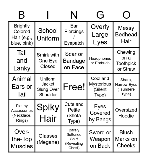 Is your character a male anime protagonist? Bingo Card