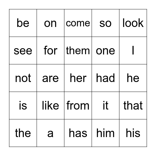 Sight Word Bingo Card