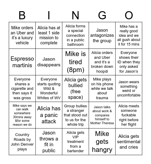 Group trip Bingo Card