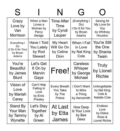 Slow Dancers Bingo Card