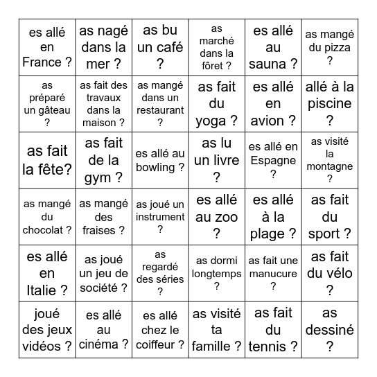 Pendant tes vacances, est-ce que tu ... Bingo Card