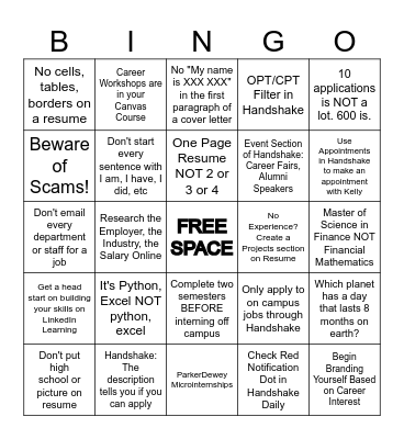 CUSB Career Bingo Card