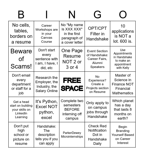 CUSB Career Bingo Card