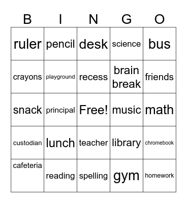 Back To School Bingo Card