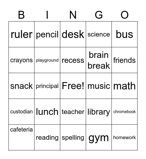 Back To School Bingo Card