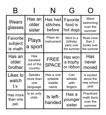 Back to School Bingo Card