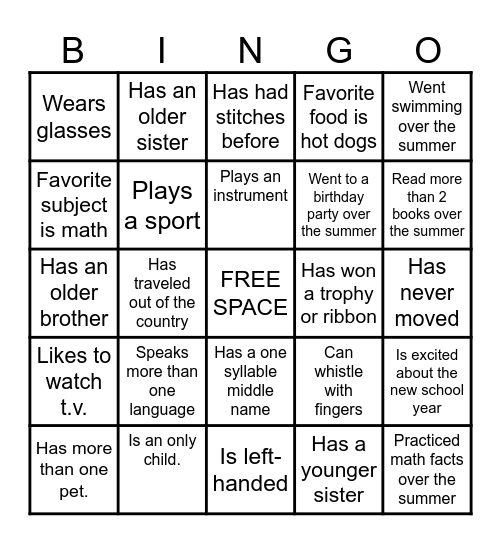 Back to School Bingo Card