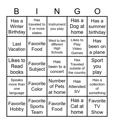 Welcome Back Bingo Card