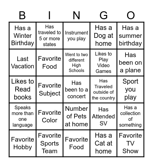 Welcome Back Bingo Card