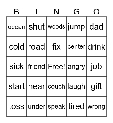 Synonym Bingo Card