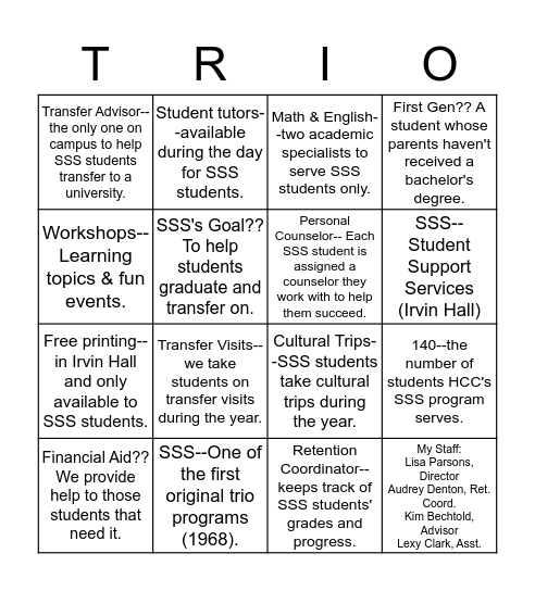 TRiO Student Support Services Bingo Card