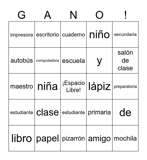 español 1 Bingo Card