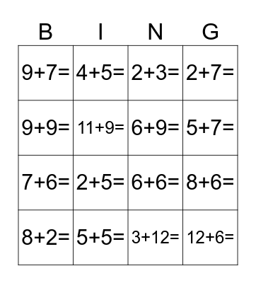Addition Facts to 20 Bingo Card