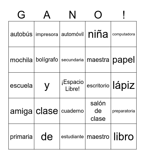 español 1 Bingo Card