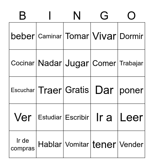 Spanish Verbs Bingo Card