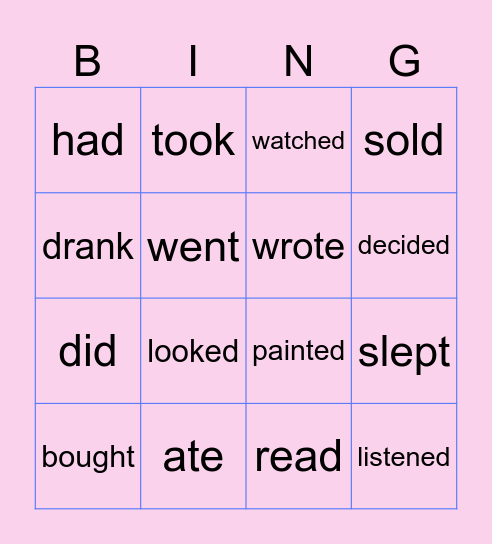 Past simple Bingo Card