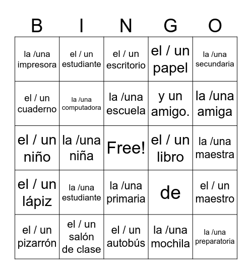 espanol 1 Bingo Card