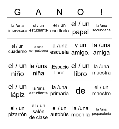 Español 1 Bingo Card