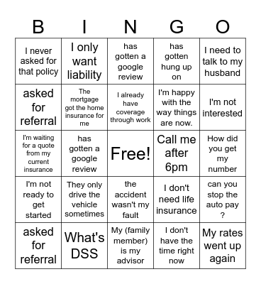 State Farm Bingo ! Bingo Card