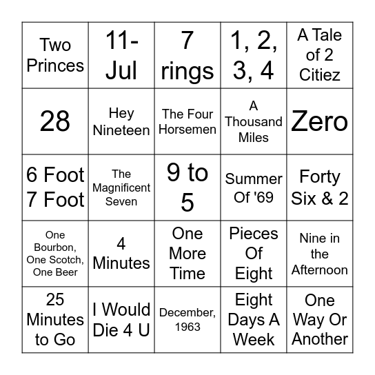 Songs With Numbers Bingo Card