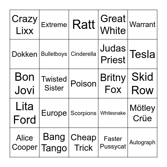80s Hair Bands Bingo Card