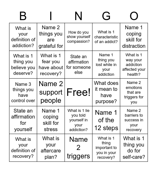 Recovery BINGO Card