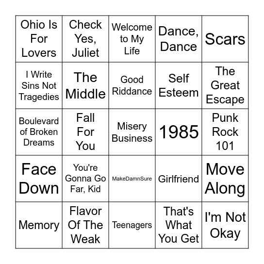 People's Category - Emo Hits Bingo Card