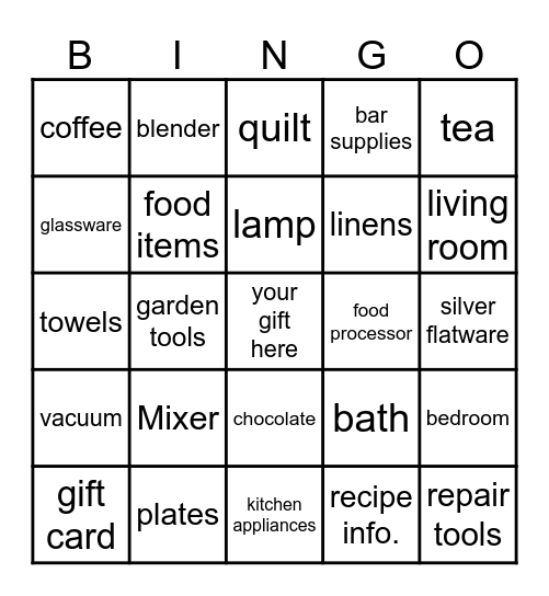 Bridal Gift Bingo Card