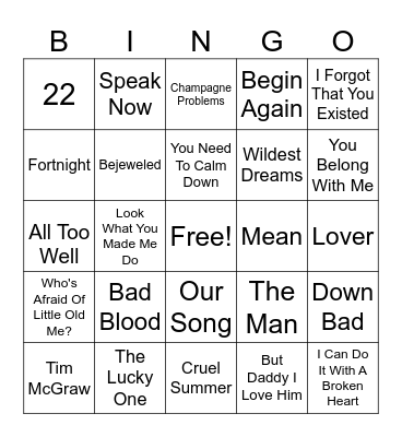 Taylor's Version Musical Bingo Card