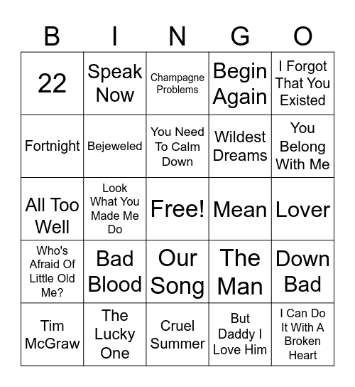 Taylor's Version Musical Bingo Card