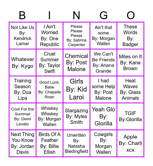 Summer Hits 2024 Music Bingo Round 2 Bingo Card