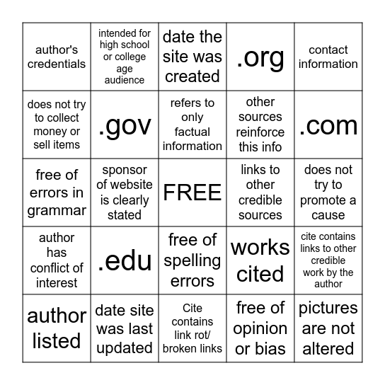 Internet Research Bingo Card