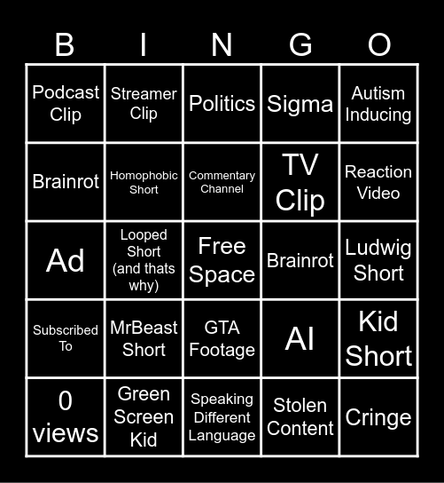 Shorts Bingo Card