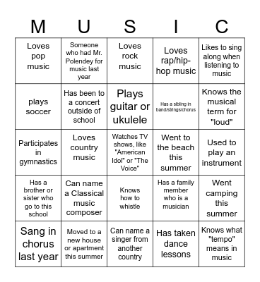 Getting to Know You - Music Edition Bingo Card