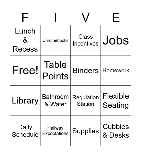 Back to School Bingo Card