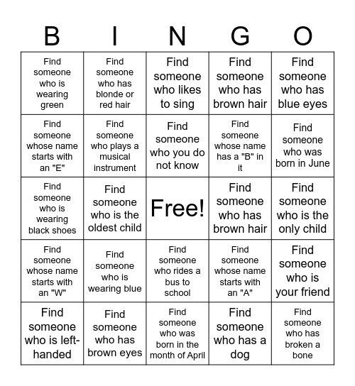 Get to know you Bingo Card