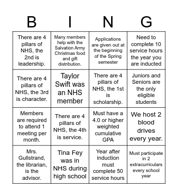 EHS NHS Bingo Card