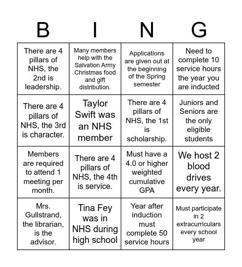 EHS NHS Bingo Card