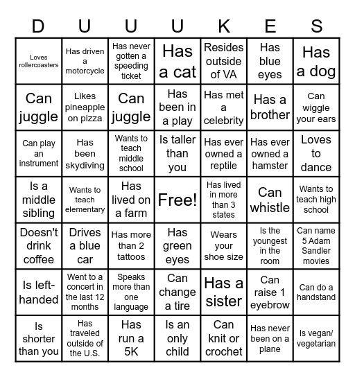 Welcome Back!! Bingo Card