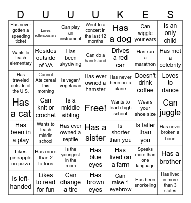 Welcome Back!! Bingo Card