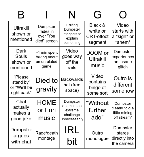 New Dumpster Man Video Bingo Card