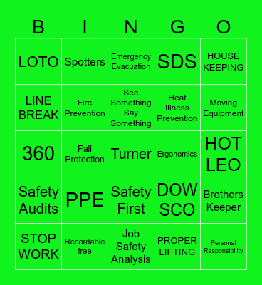 Safety BINGO Card