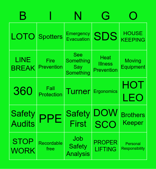 Safety BINGO Card