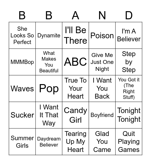 Boy Band Singo Bingo Card