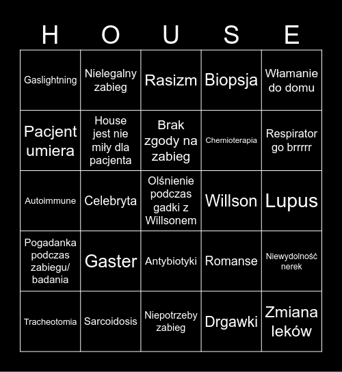 Dr. House Bingo Card